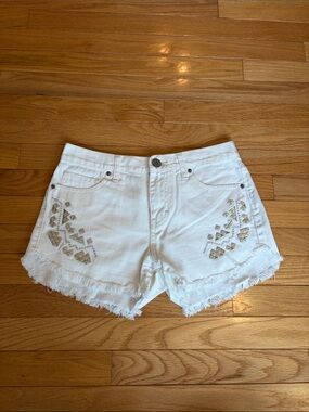 Free People White Frayed Hem Embellished Denim Shorts